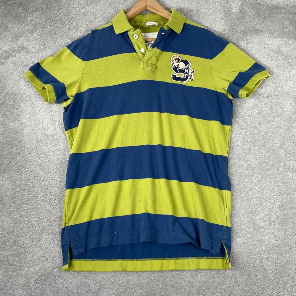 Vintage Abercrombie & Fitch Polo Mens 2XL Green Blue Striped Muscle Y2K Preppy